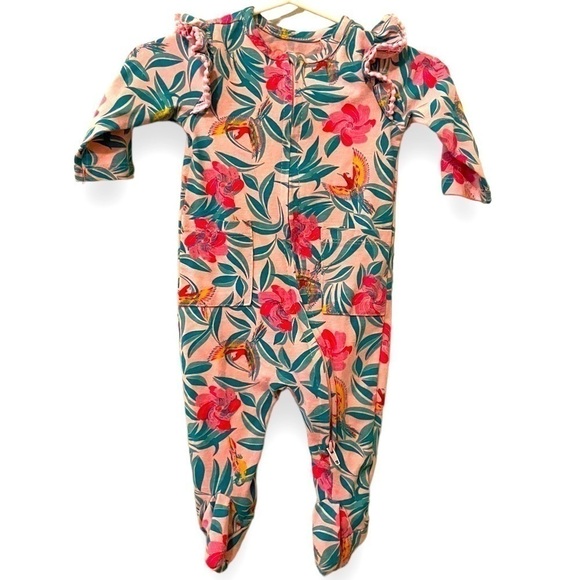 BABY GIRL JESSICA SIMPSON PINK TROPICAL FLORAL BIRDS SLEEPER OUTFIT 0-3 MONTHS - Picture 1 of 3